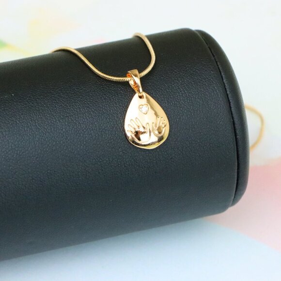 "Rose Gold Teardrop Pendant with Hand Imprint & Heart Accent Design, XPPT1382 - Picture 2 of 13
